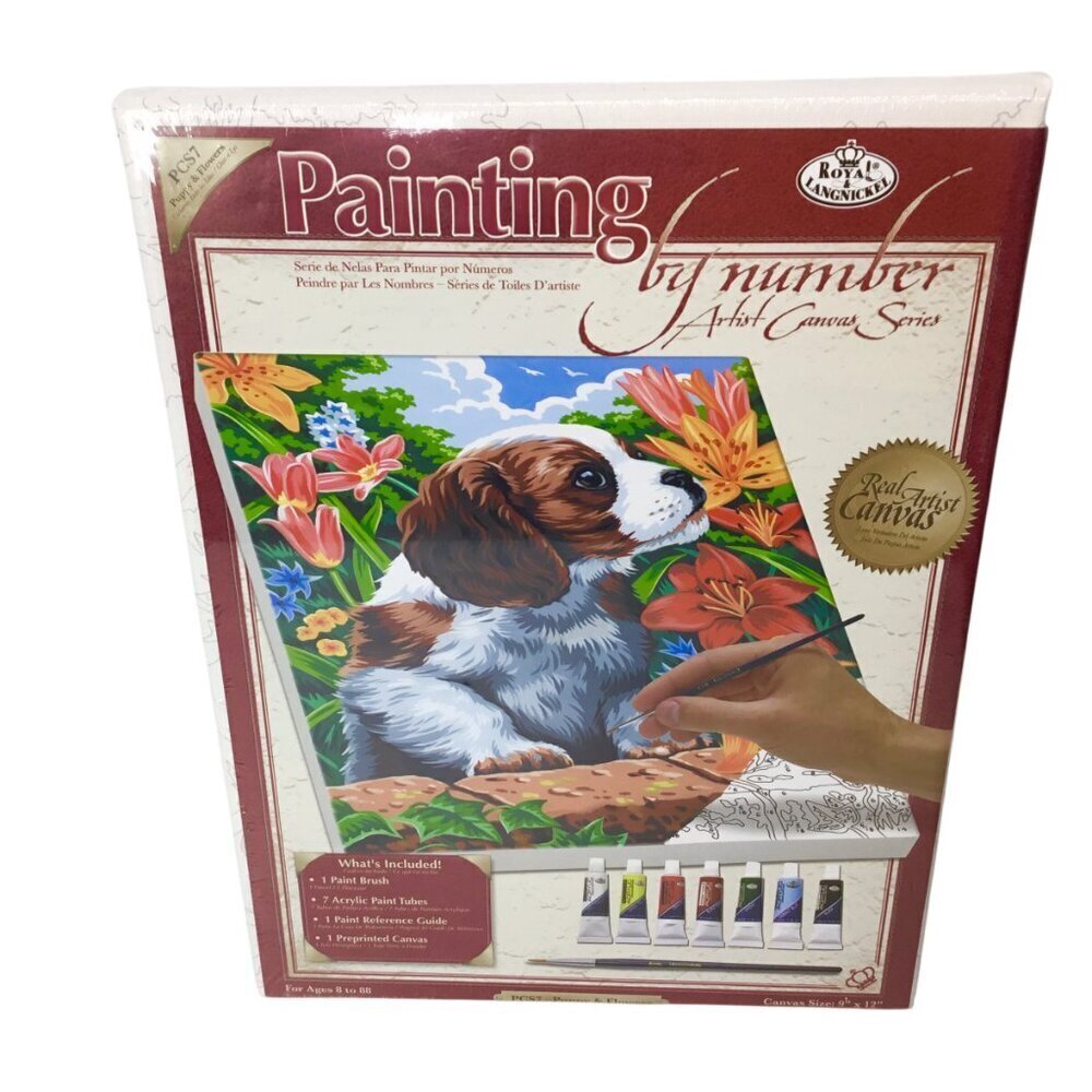 Paint by Number NEW Royal & Langnickel Puppy & Flowers PCS7 Canvas Acrylic Tubes